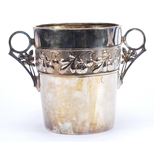 47 - WMF, large German Art Nouveau silver plated wine cooler with twin handles embossed with leaves and b... 