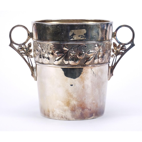 47 - WMF, large German Art Nouveau silver plated wine cooler with twin handles embossed with leaves and b... 