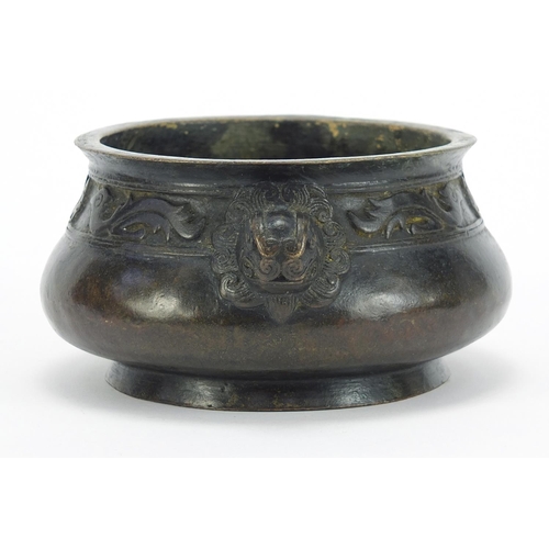 202 - Good Chinese patinated bronze censer with animalia handles, four figure character marks to the base,... 