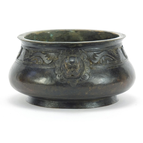 202 - Good Chinese patinated bronze censer with animalia handles, four figure character marks to the base,... 