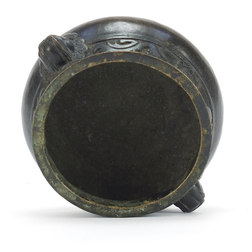 202 - Good Chinese patinated bronze censer with animalia handles, four figure character marks to the base,... 