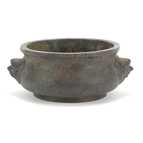 290 - Large Chinese patinated bronze censer with animalia handles, four figure character marks and collect... 