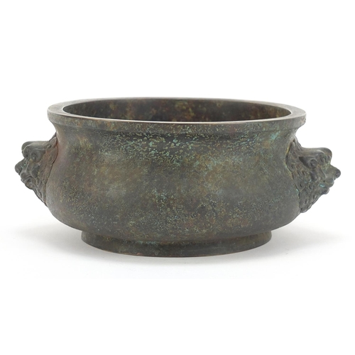 290 - Large Chinese patinated bronze censer with animalia handles, four figure character marks and collect... 