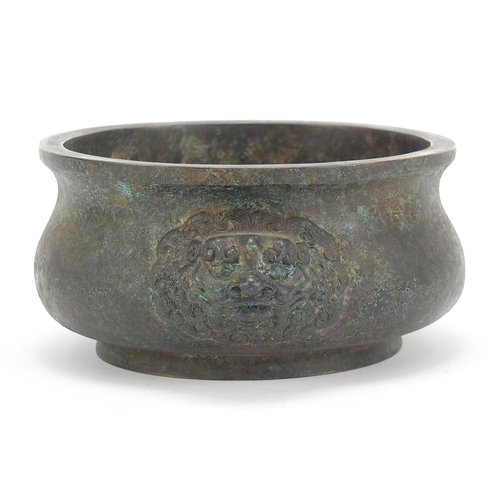 290 - Large Chinese patinated bronze censer with animalia handles, four figure character marks and collect... 