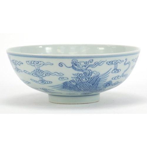 105 - Good Chinese blue and white porcelain bowl hand painted with phoenixes amongst clouds, six figure ch... 