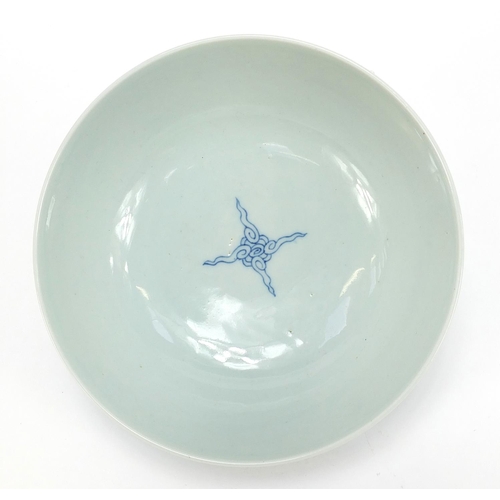 105 - Good Chinese blue and white porcelain bowl hand painted with phoenixes amongst clouds, six figure ch... 