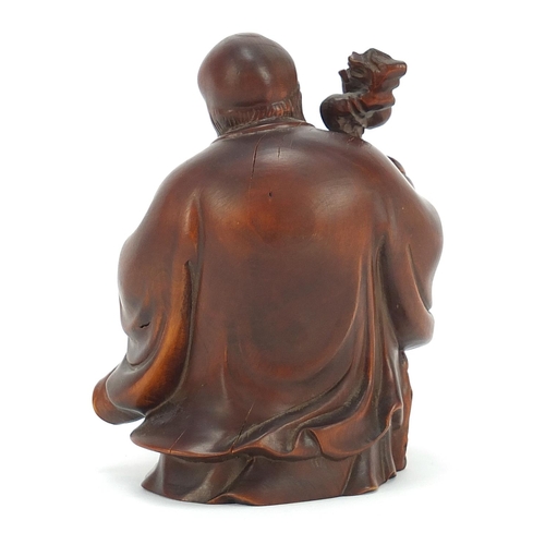 480 - Good Chinese boxwood carving of Shao Lau holding a staff with gourd and peach, 10cm high