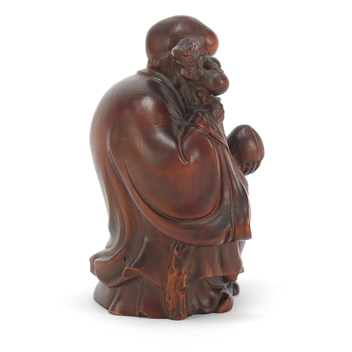 480 - Good Chinese boxwood carving of Shao Lau holding a staff with gourd and peach, 10cm high