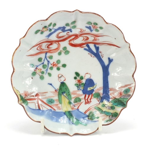 828 - Chinese Ko-sometsuke porcelain dish hand painted two figures in a landscape, 12.5cm in diameter