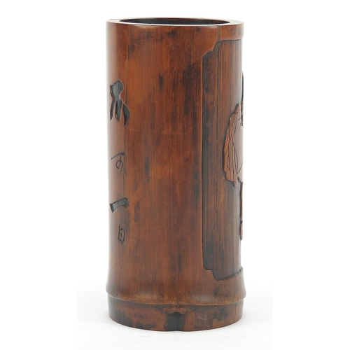 198 - Chinese bamboo brush pot carved with an elder and calligraphy, 13.5cm high