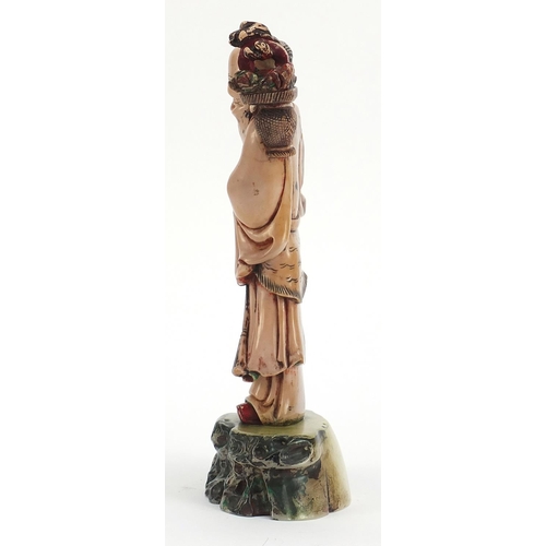 113 - Large Chinese pink soapstone carving of Shou Lao holding a basket and peach, 30cm high