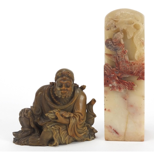 286 - Chinese carved soapstone figure and desk seal, the largest 11cm high