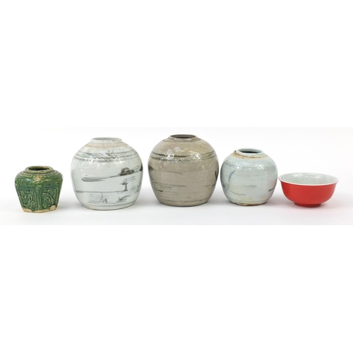 999 - Chinese porcelain including four ginger jars and a sang de boeuf bowl, the largest 15.5cm high