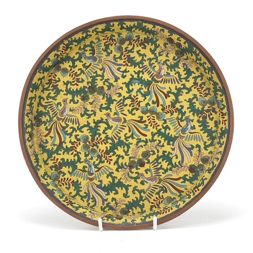 725 - Chinese cloisonne serving tray enamelled with birds amongst foliage, character marks to the undersid... 