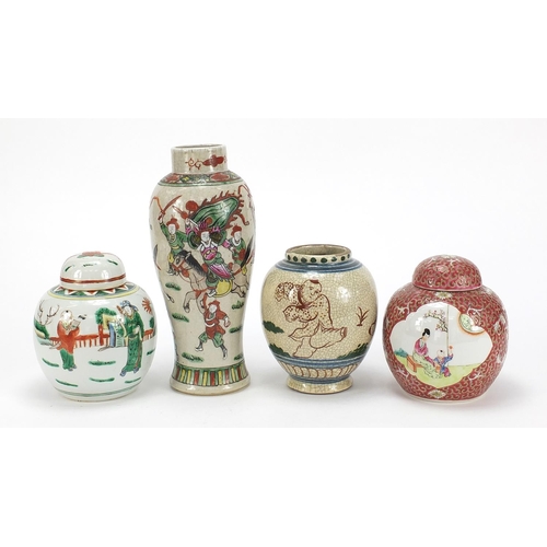 556 - Chinese porcelain including a baluster vase hand painted in the famille verte palette with warriors ... 