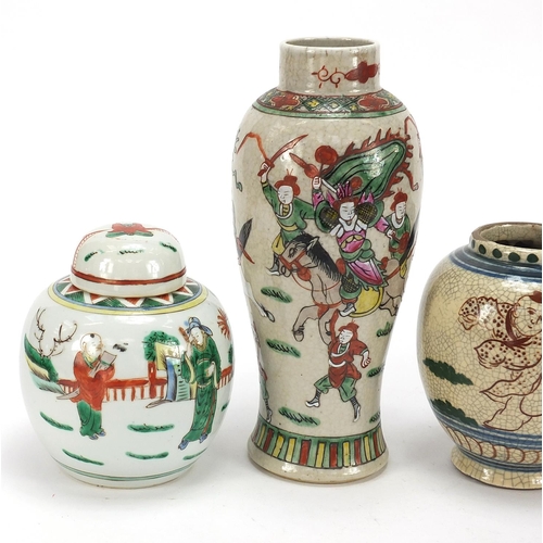 556 - Chinese porcelain including a baluster vase hand painted in the famille verte palette with warriors ... 