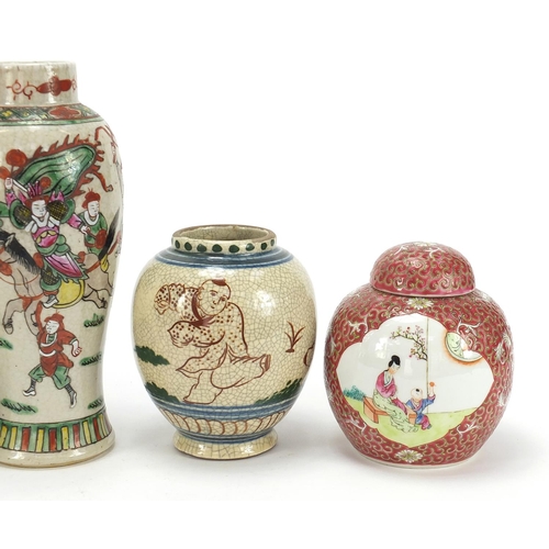 556 - Chinese porcelain including a baluster vase hand painted in the famille verte palette with warriors ... 