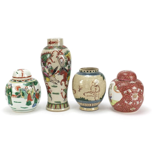 556 - Chinese porcelain including a baluster vase hand painted in the famille verte palette with warriors ... 