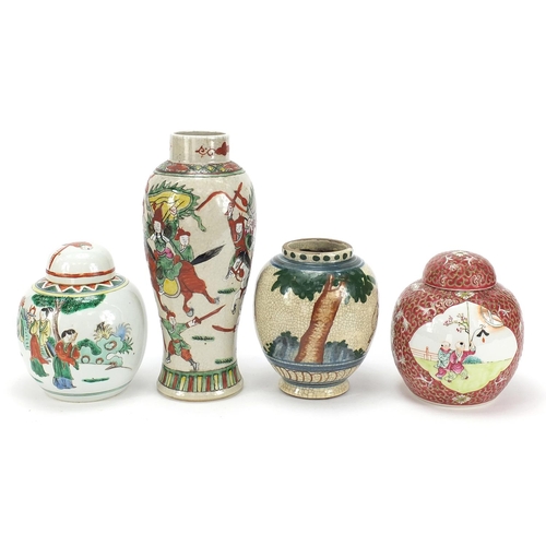 556 - Chinese porcelain including a baluster vase hand painted in the famille verte palette with warriors ... 