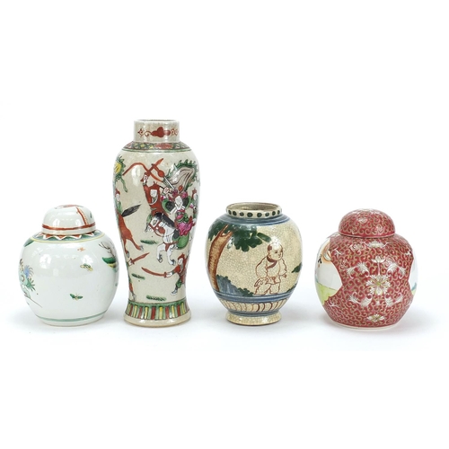 556 - Chinese porcelain including a baluster vase hand painted in the famille verte palette with warriors ... 