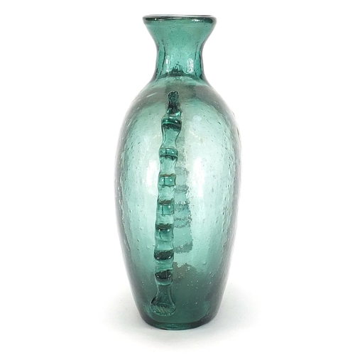 83 - Antique green glass bottle shaped vase with applied frilled edges, 20cm high