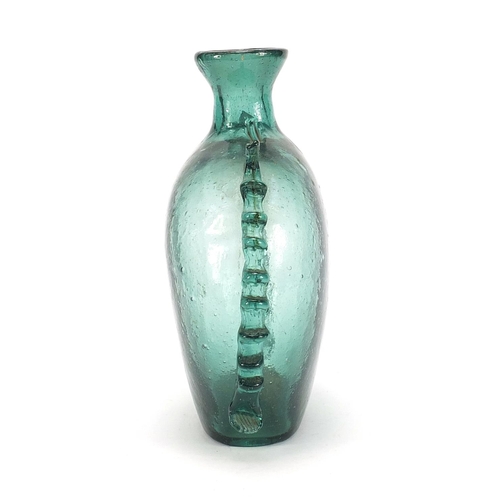 83 - Antique green glass bottle shaped vase with applied frilled edges, 20cm high