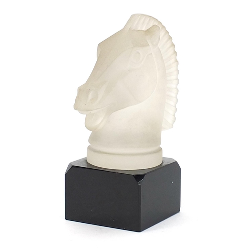 517 - Lalique style frosted glass horse head mascot on a black glass base, 18cm high