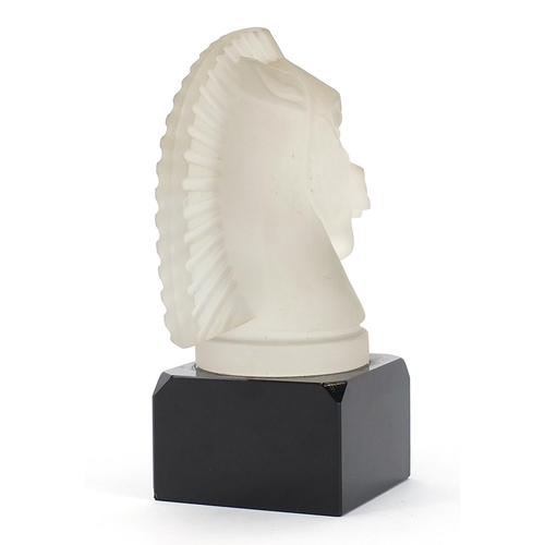 517 - Lalique style frosted glass horse head mascot on a black glass base, 18cm high