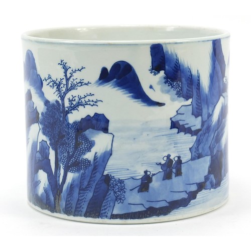 922 - Chinese blue and white porcelain brush pot hand painted with panels of figures in river landscapes, ... 