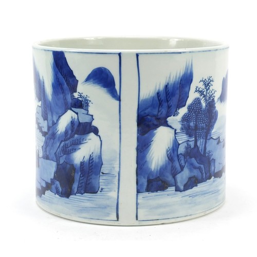 922 - Chinese blue and white porcelain brush pot hand painted with panels of figures in river landscapes, ... 