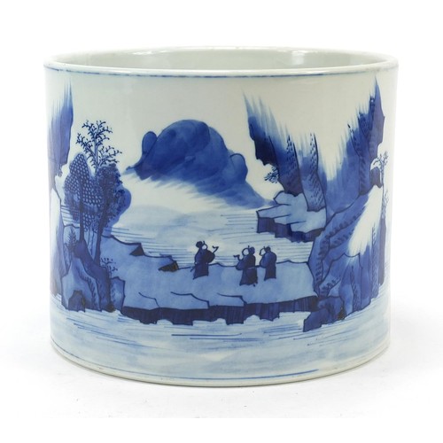 922 - Chinese blue and white porcelain brush pot hand painted with panels of figures in river landscapes, ... 