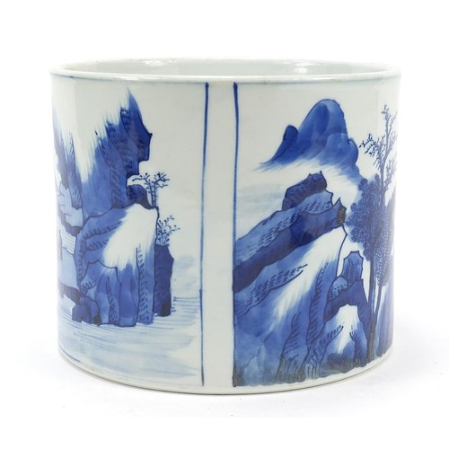 922 - Chinese blue and white porcelain brush pot hand painted with panels of figures in river landscapes, ... 