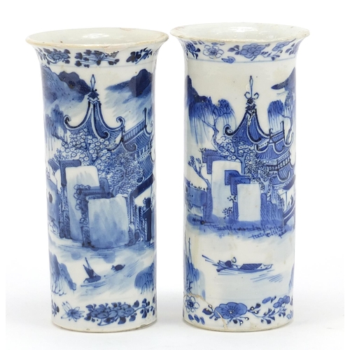 276 - Pair of Chinese blue and white porcelain vases hand painted with figures in river landscapes, four f... 