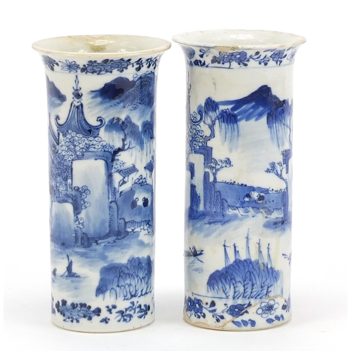 276 - Pair of Chinese blue and white porcelain vases hand painted with figures in river landscapes, four f... 