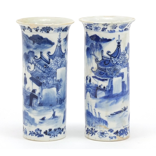 276 - Pair of Chinese blue and white porcelain vases hand painted with figures in river landscapes, four f... 