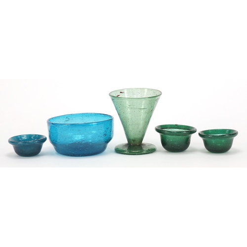 907 - Glassware including three miniature bowls and a drinking glass, the largest 9cm high