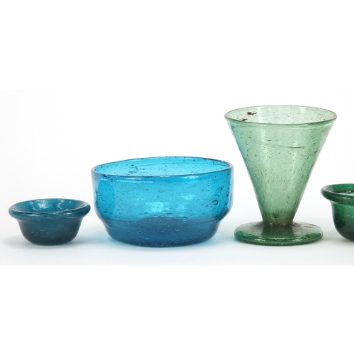 907 - Glassware including three miniature bowls and a drinking glass, the largest 9cm high