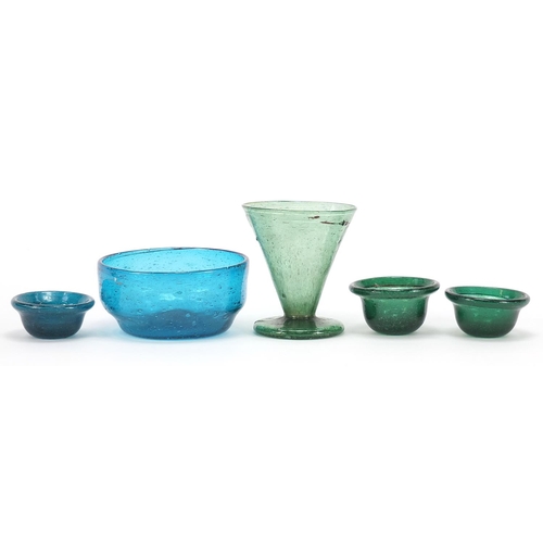 907 - Glassware including three miniature bowls and a drinking glass, the largest 9cm high