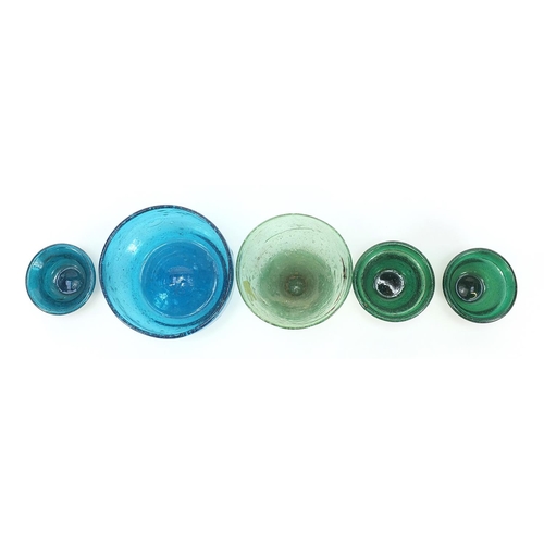 907 - Glassware including three miniature bowls and a drinking glass, the largest 9cm high