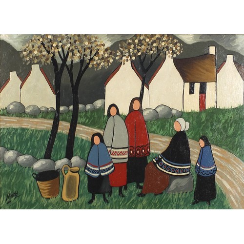 66 - Manner of Markey Robinson - Figures before cottages and mountains, Irish school oil on Masonite, mou... 