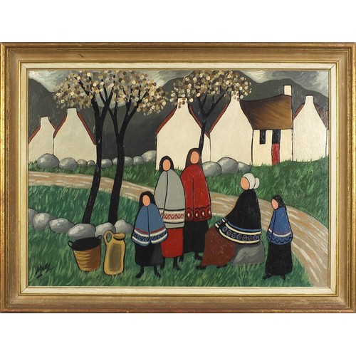 66 - Manner of Markey Robinson - Figures before cottages and mountains, Irish school oil on Masonite, mou... 