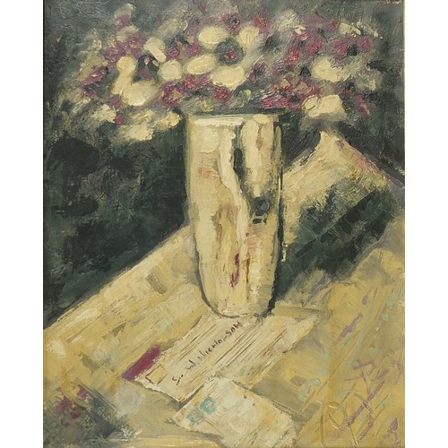 942 - Manner of J W Nicholson - Still life flowers in a vase, oil on canvas, framed, 48cm x 38cm excluding... 