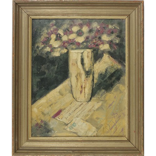 942 - Manner of J W Nicholson - Still life flowers in a vase, oil on canvas, framed, 48cm x 38cm excluding... 