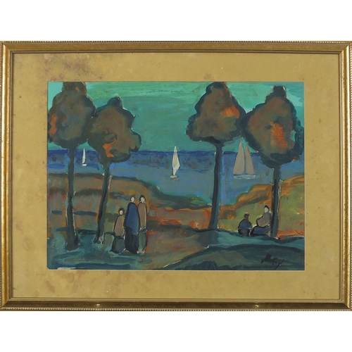 977 - Manner of Markey Robinson - Figures by trees before water, Irish school gauche, mounted, framed and ... 