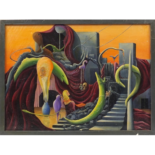 976 - Figures and mythical animals, surreal school oil on canvas, framed, 63cm x 46cm excluding the frame