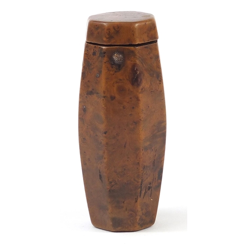 144 - 18th century yew wood snuff box in the form of a barrel, 8cm in length when closed