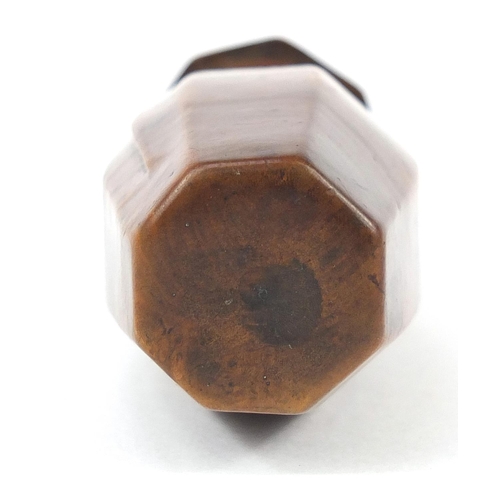 144 - 18th century yew wood snuff box in the form of a barrel, 8cm in length when closed