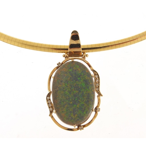 313A - 14ct gold opal and diamond pendant on an 18ct gold Omega pattern necklace, the opal approximately 10... 