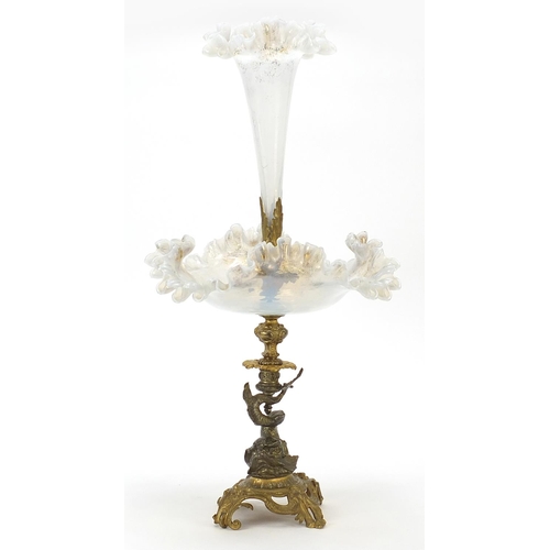 859 - 19th century opaline glass and gilt bronze dolphin centrepiece with frilled glass flute, 56cm high