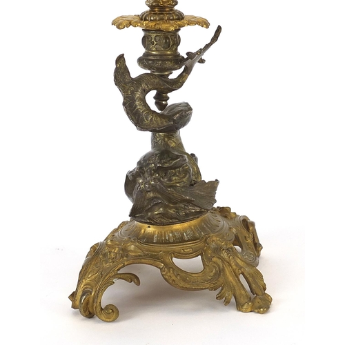 859 - 19th century opaline glass and gilt bronze dolphin centrepiece with frilled glass flute, 56cm high